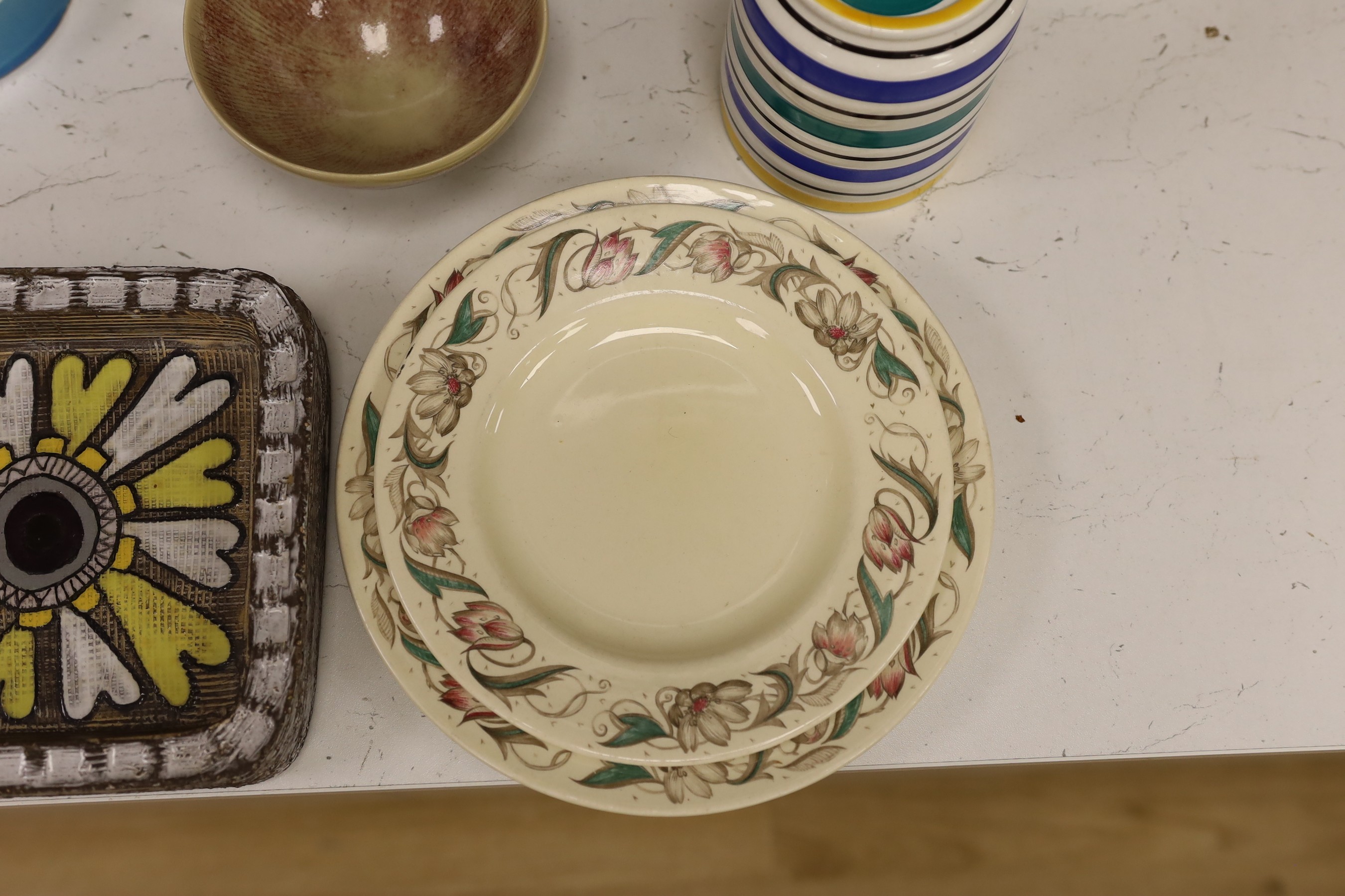 A Scandinavian Mari Simmulson rectangular figural pottery dish, with other assorted Scandinavian and European ceramics, including three Susie Cooper plates, dish: 18cms wide x 27cms high.